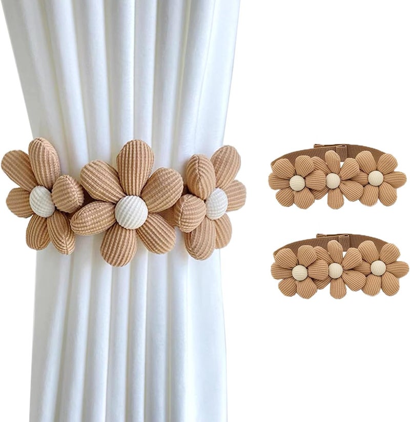 SRG Sunflower Curtain Tiebacks-2 Pack | Curtain Holdbacks with Three Flower | Curtain Tiebacks Boho | Japanese Curtain Ties | Cute Flower Curtain Ties Decorative for Bedroom Window Treatment （Khaki） - Image 1